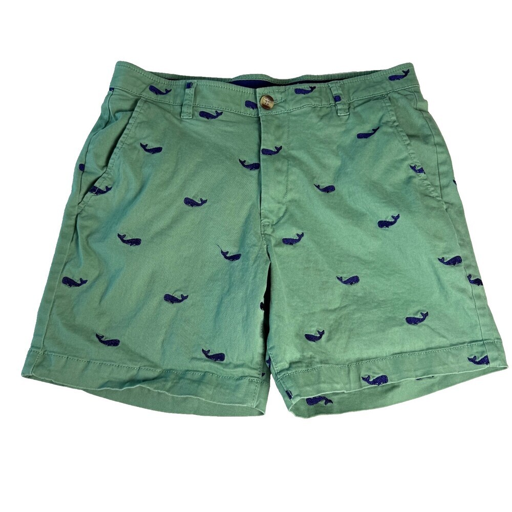 Crown & Ivy Motion Flex Men's 32 Green Chino Shorts Navy Blue Whale Print Prep